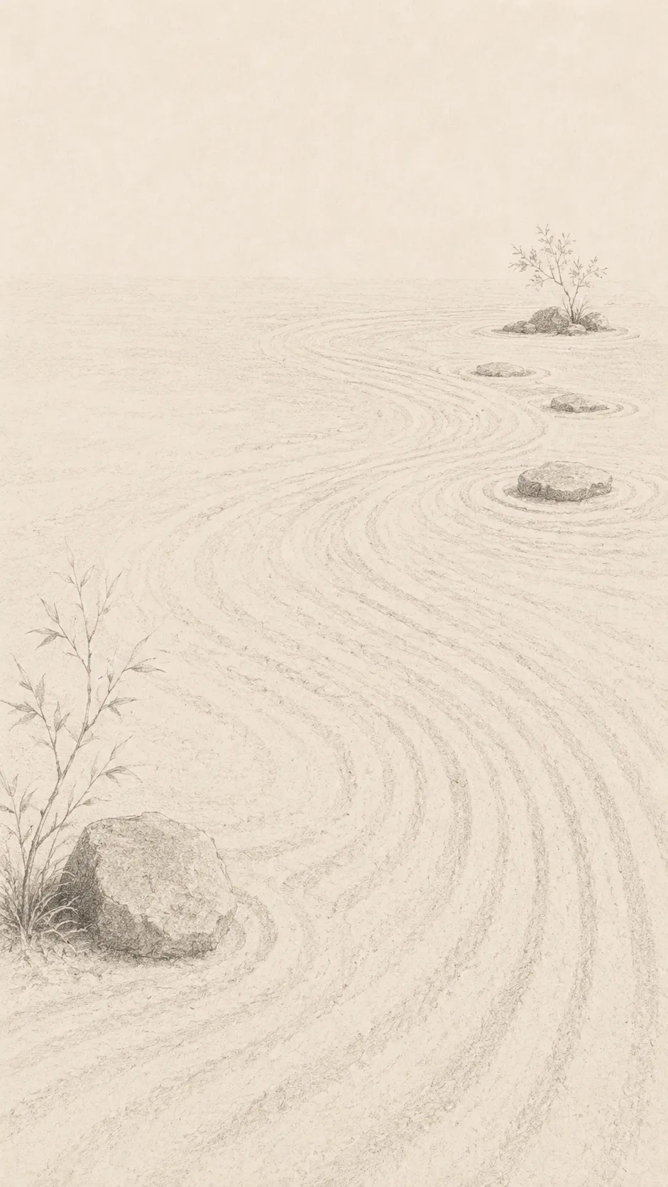 A pencil drawing of a raked sand garden with a few stones and a small tree in the distance.