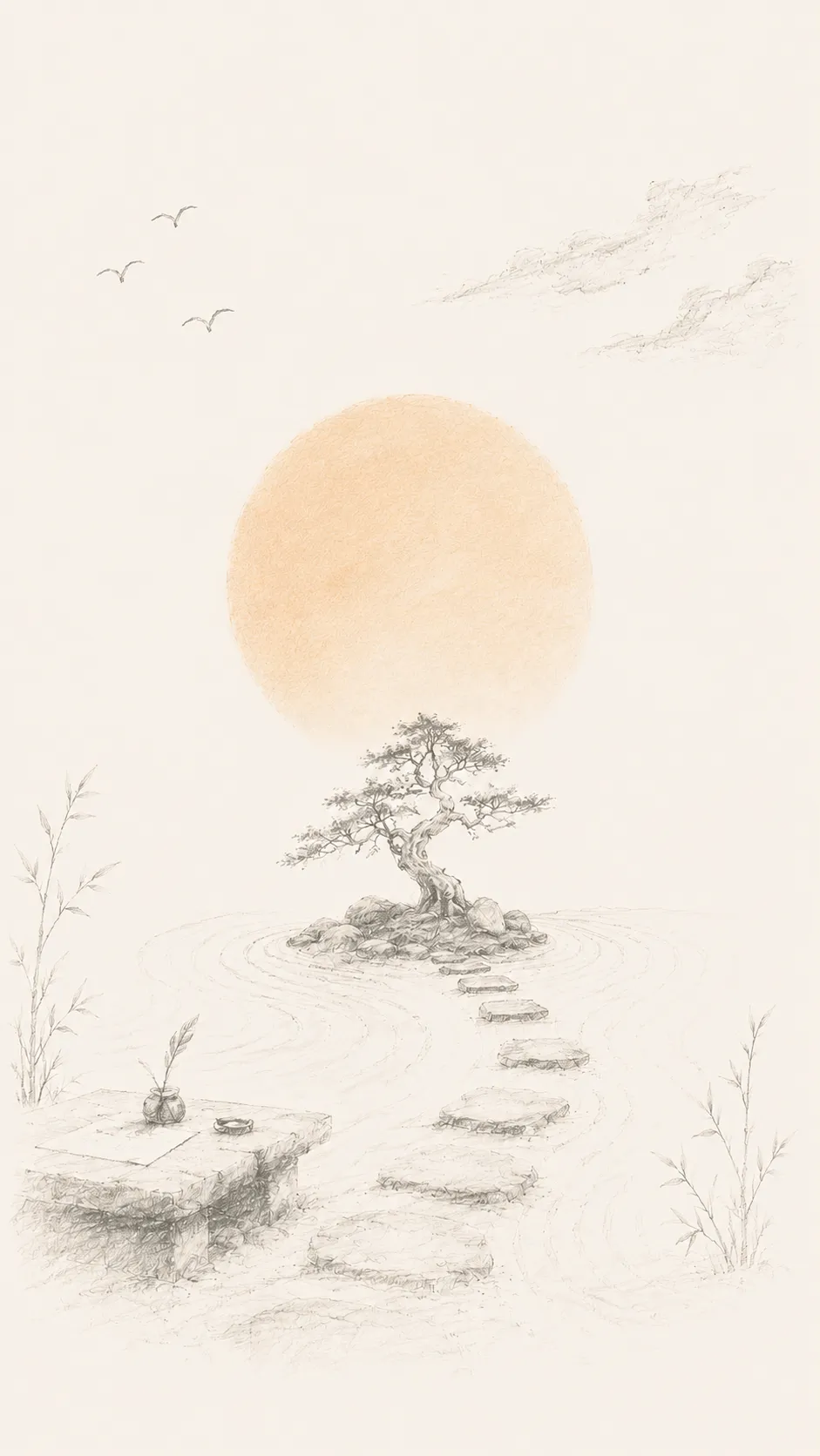 A pencil drawing of a small bonsai tree on stepping stones beneath a soft apricot sun.